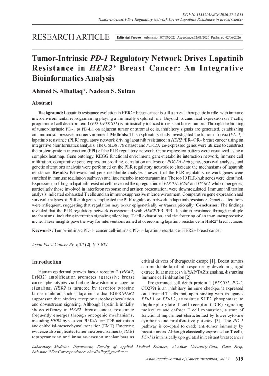 AhmdHallag's tweet photo. New Publication !!

We're excited to share our latest research article, now published in APJCP: “Tumor-Intrinsic PD-1 Regulatory Network Drives Lapatinib Resistance in HER2⁺ Breast Cancer: An Integrative Bioinformatics Analysis.”

Link: https://t.co/6pfD6wFUCU https://t.co/FgHKrI2VZL