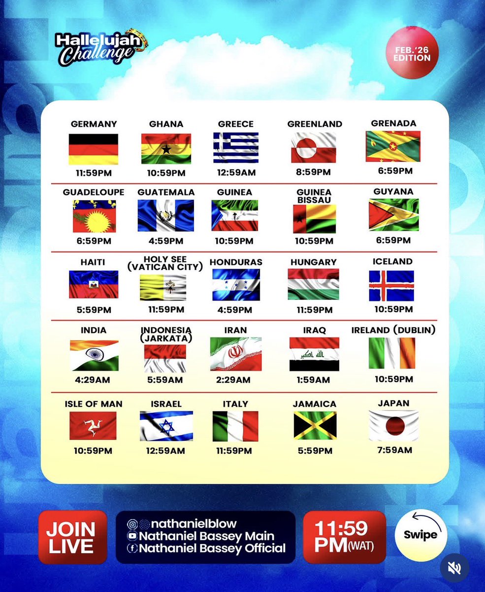 HALLELUJAH!!! ALLÉLUIA!!!
ALELUYAH!!! 🔥

Let the earth resound with Hallelujah!
Are you ready to praise God across nations, tribes, and tongues?

⬇️It's time for our Hallelujah Roll Call! 🌎

Locate your time zone, represent your country by waving your flags 🇳🇬🇺🇸🇬🇧and telling us
