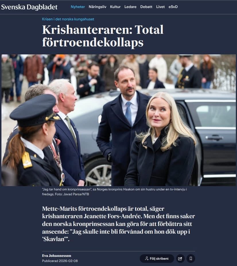 Jag kommenterar det norska kungahusets totala förtroendekollaps <a href="/SvD/">Svenska Dagbladet</a>. Kronprinsessans ursäkt stoppar den kraftigaste blödningen men såret är permanent. Det som väger tyngre är Haakons ord. För om han kan förlåta, kanske även folket kan förlåta. På sikt. #MetteMarit #EpsteinFiles