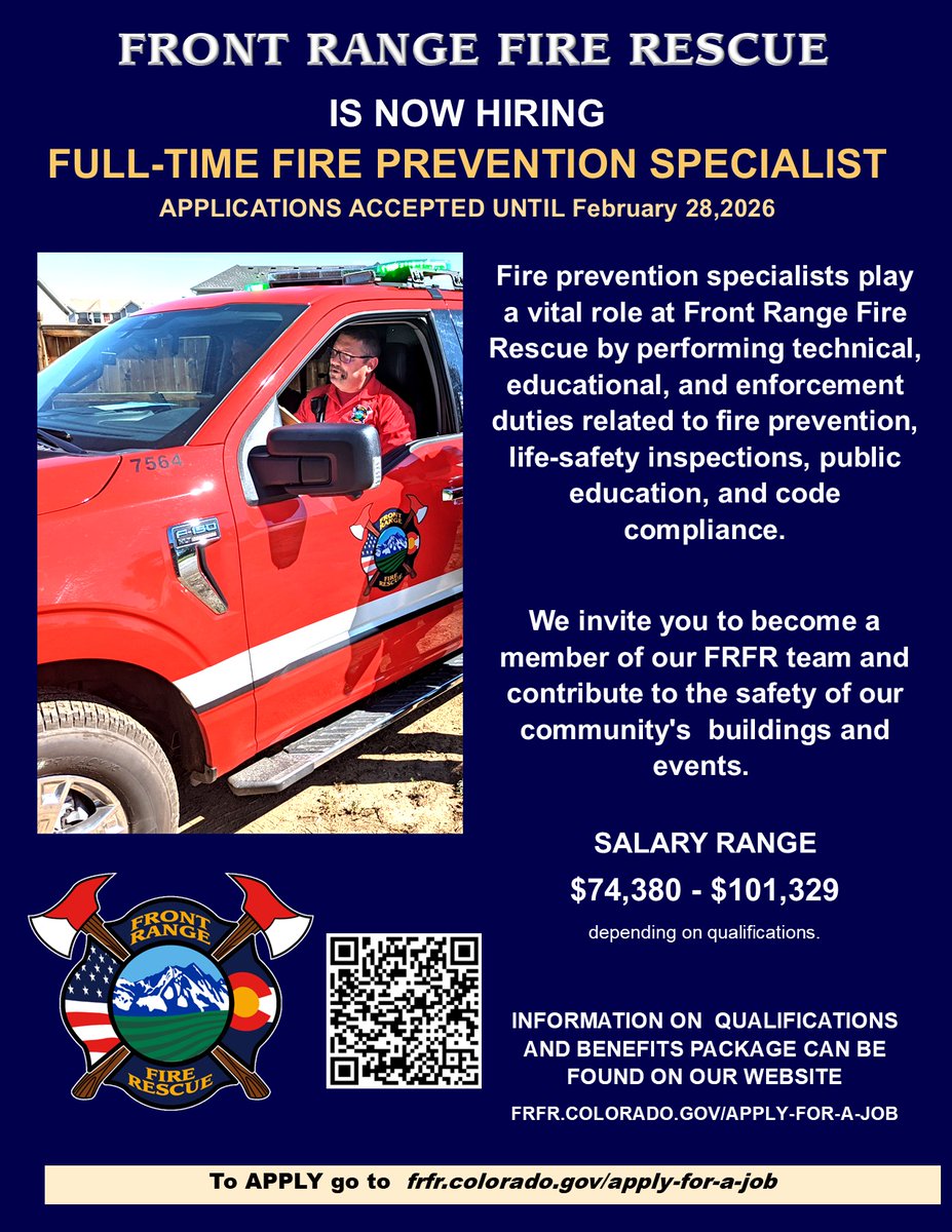 We are hiring a full-time FIRE PREVENTION SPECIALIST! Read more on our website
frfr.colorado.gov/apply-for-a-job 
#hiring #joinFRFR #FrontRangeFireRescue