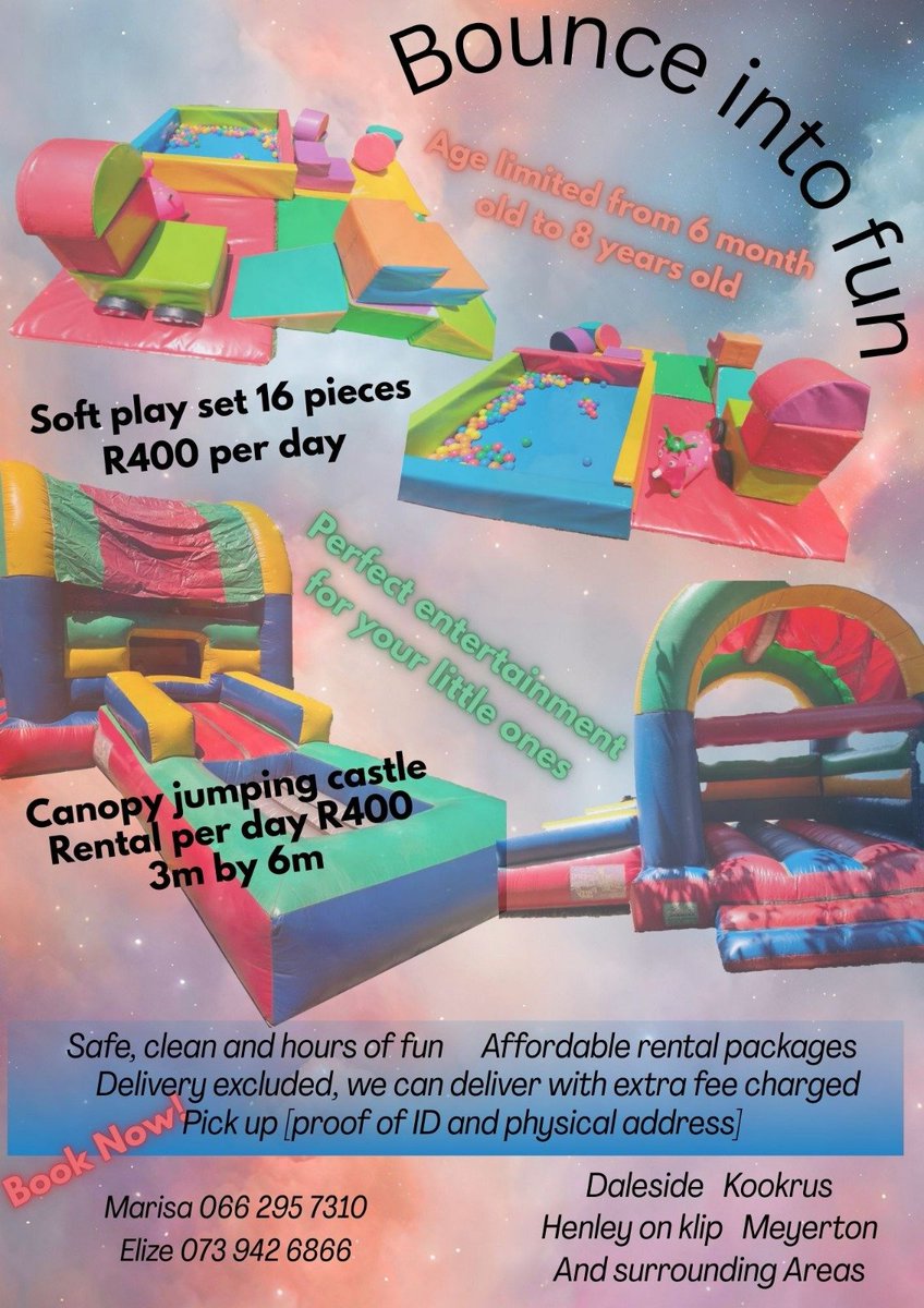 MariesaSpies's tweet image. 🎈 Planning a kids party? We’ve got the FUN! 🎈
Hire a jumping castle from Bounce Into Fun and keep the kids entertained for hours 🤩
📍 Vaal Triangle
📲 WhatsApp: 066 295 7310
#BounceIntoFun #JumpingCastle #KidsPartyIdeas #VaalTriangleBusinesses #PartyHire #FunForKids