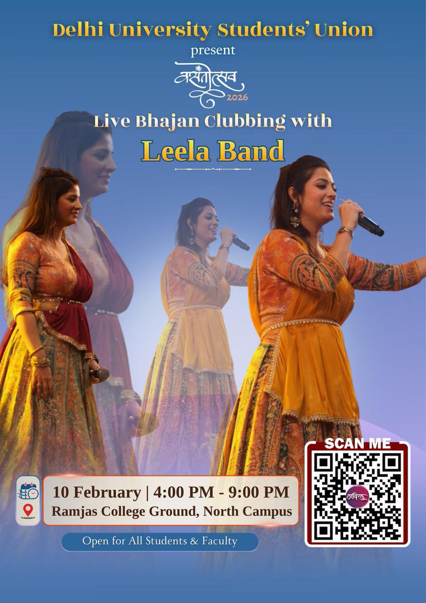Where devotion meets rhythm ✨🎶
An evening of soulful bhajans and divine vibes with Leela Band at Ramjas College.
See you on 10th February — let the music move your soul. 🙏
🎤

*Timings- 4:00pm ~9:00pm*
Register now on_ yuva.avirall.co.in/register/