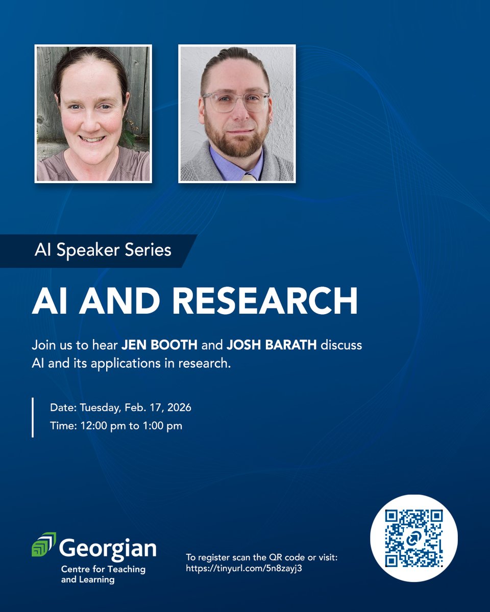 Join us on Tuesday, Feb. 17, from 12:00 p.m. to 1:00 p.m. to hear Jen Booth and Josh Barath discuss AI and its applications in research.

To register scan the QR code or visit:
tinyurl.com/5n8zayj3

#TeachingWithAI #AISpeaker