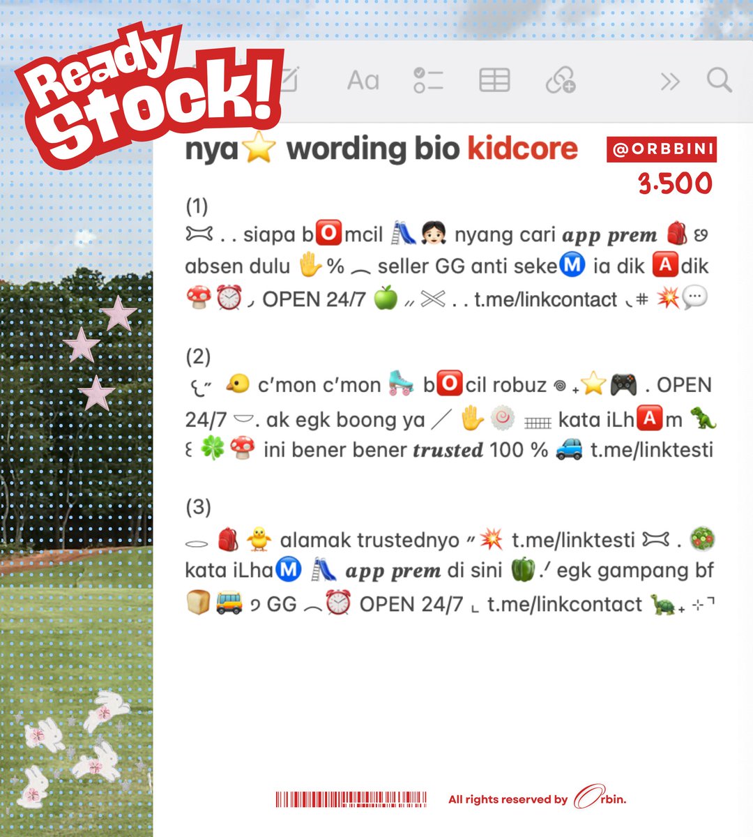 oit 🍄 . ୭ repost please❓thank you 💥

⠀ ⠀ ⠀ ⠀ ⠀nya⭐️ bawa O3 bio ba 𝗸𝗶𝗱𝗰𝗼𝗿𝗲 winduT ready stock ia 🐢🛝 .ᐟ bisa langsung dibawa pulamg 🚌 ︵ only 3.5OO / each ˶ 🎒 t.me/orbbini 🛒💬

n. bisa retext spess &amp; name store
t. #zonauang