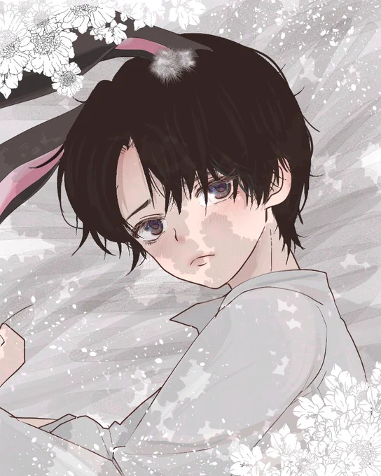 これは柄にもなくエモくてはかない絵を目指したのに途中からおもしろいくらい全然似ないので匙を投げブラシで遊びまくったうさぎみみのはいどです。 #リク絵
