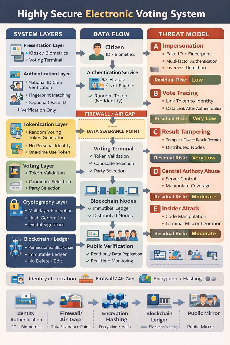 ลองคิดเล่นๆ กำหนดวิธีการ #เลือกตั้ง แบบใช้ลายนิ้วมือ หรือ face id ยืนยันก่อน หลังจากนั้นระบบจะสุ่ม Token ขึ้นมา เพื่อใช้ในการเลือกสส. และพรรค

จากนั้นข้อมูลจะถูกเข้ารหัส 2 ชั้น และถูกส่งไปประมวลผลกลาง ซึ่งจะสามารถตรวจสอบดูผลเรียลไทม์ได้พร้อมกันทั้ง กกต. พรรค และประชาชน <a href="/PPLEThai/">พรรคประชาชน - People's Party</a>