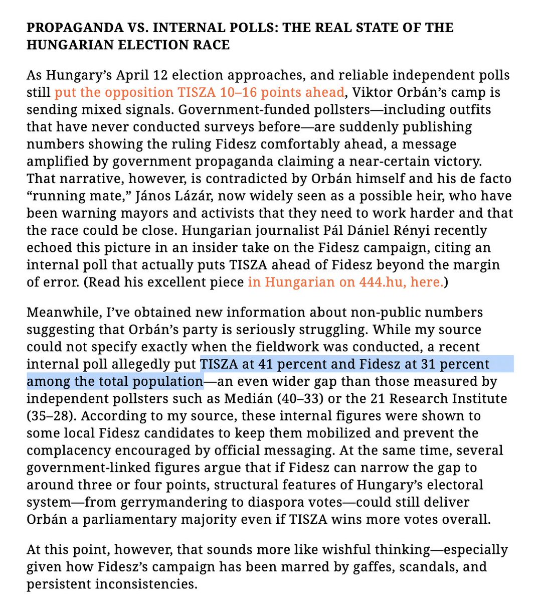 panyiszabolcs's tweet photo. 💥SCOOP: Viktor Orbán’s campaign appears to have misled not just the public but its own politicians with doctored polls showing victory. Recently, however, an internal poll shared with some candidates showed ruling Fidesz trailing the opposition Tisza party 41–31 nationwide. 🧵👇 https://t.co/07w0Lmrx0S