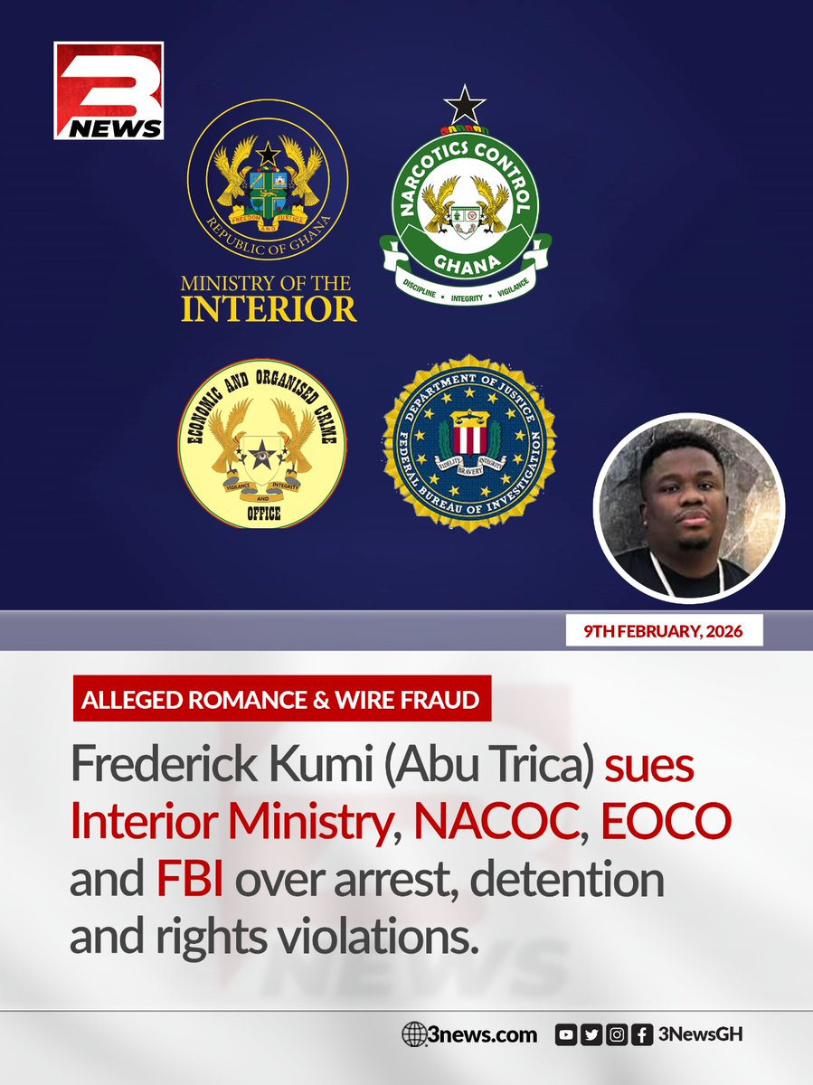 tv3_ghana's tweet photo. Frederick Kumi (Abu Trica) is suing the Interior Ministry, NACOC, EOCO, and the FBI for arrest, detention, and rights violations.

#3NewsGH #TV3GH https://t.co/UQNNZn5yHo