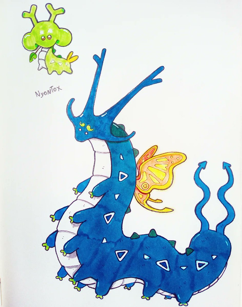 Nyontox's tweet image. Draglutton, Greedrake.

Bug/Dragon Type.

#Pokemon #fakemon
