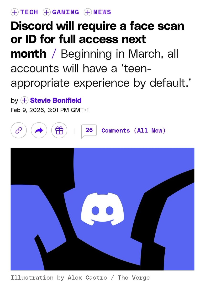 🚨🔴 Scanner son visage pour accéder à un service sera la norme dans quelques temps ! 

Dès mars prochain, par défaut, Discord exigera votre pièce d'identité ou scanner votre visage 🤷🏾‍♂️

Je rappelle quand même que Discord s'est aussi fait pirater au passage...

*Bon, je commence à