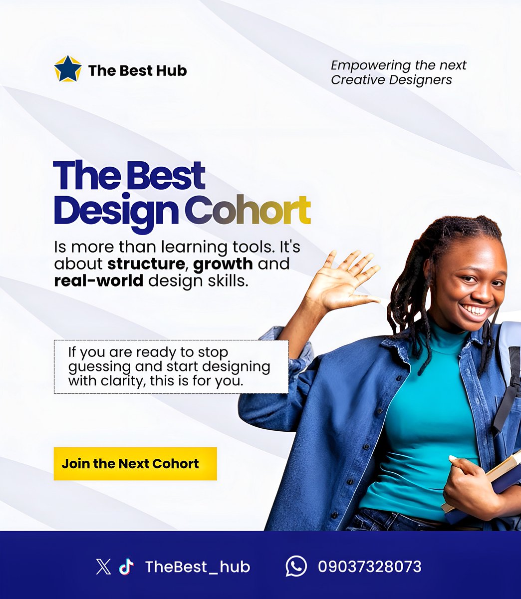 BestqualityG's tweet photo. Design is more than tools.
It’s structure. Growth. Real-world skills.
If you’re ready to stop guessing and start designing with clarity, The Best Design Cohort is for you.
Join the next cohort today
#TheBestHub
#DesignCohort
#CreativeDesign
#GraphicDesign
#UIUXDesign https://t.co/YuoKEVTYpH