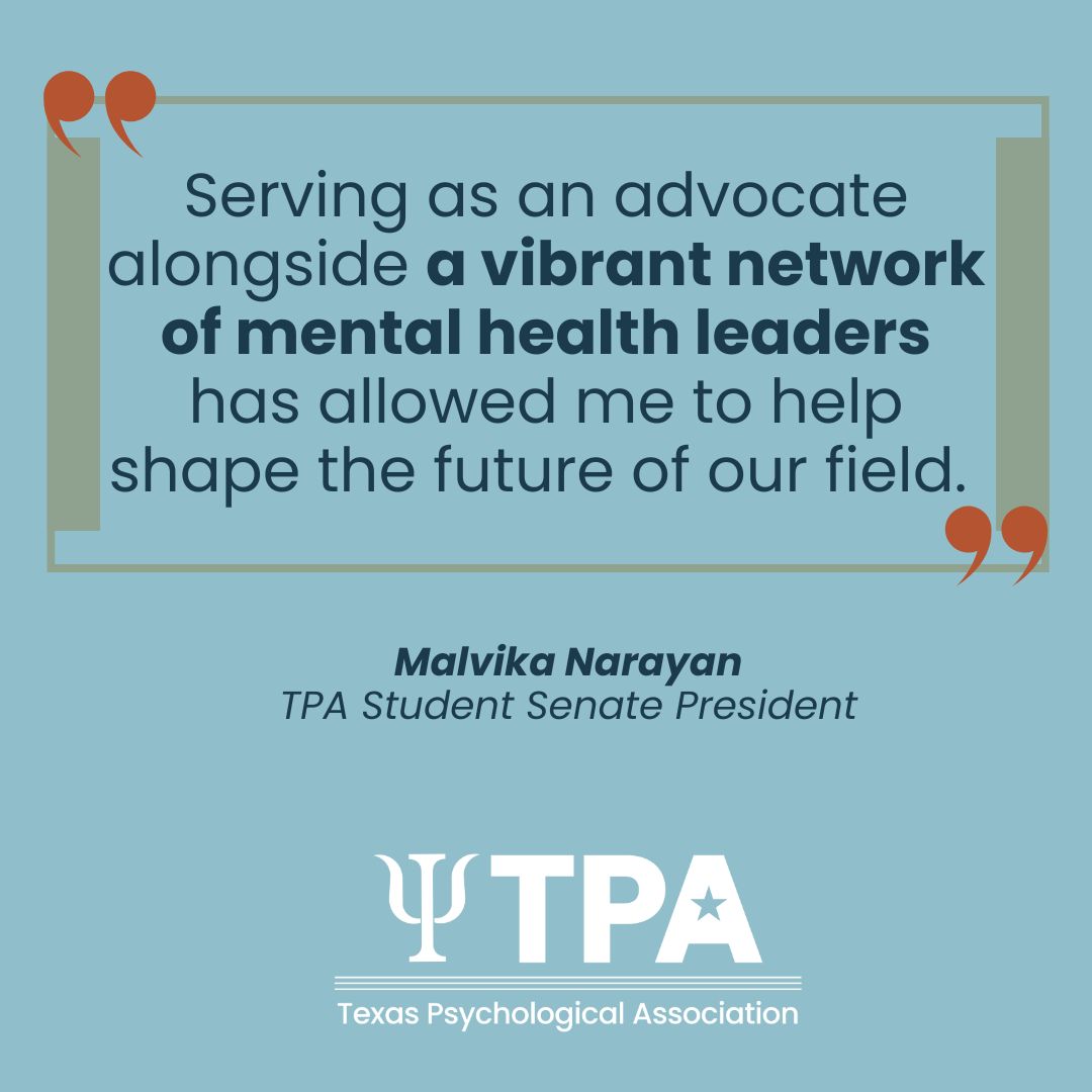 texaspsyc's tweet photo. Member spotlight alert!
We are proud to recognize Malvika Narayan, TPA’s Student Senate President, who is currently pursuing a Fulbright Award in Australia. She is conducting an intervention study on healthcare provider burnout to collect data for her PhD dissertation. https://t.co/dyuwgoJrN1