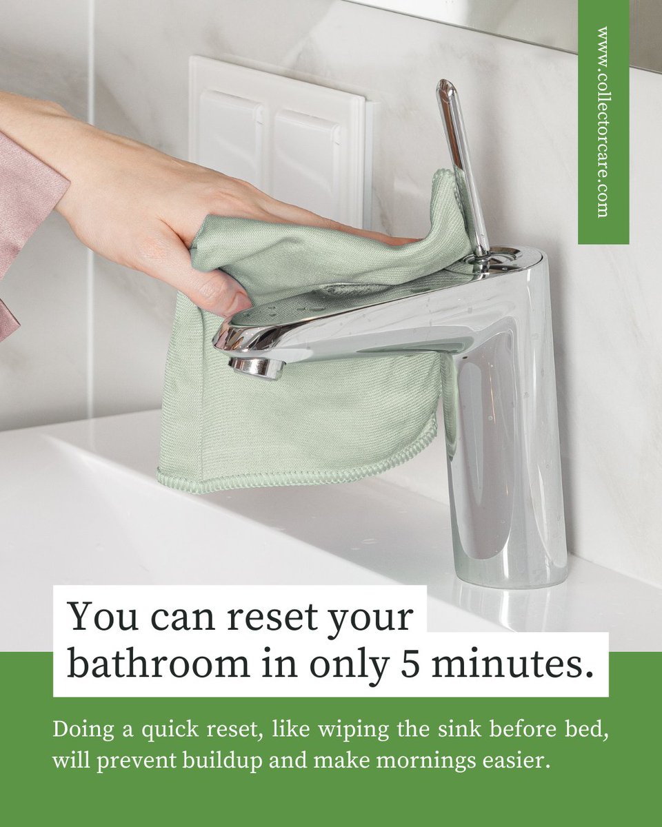CollectorCare's tweet photo. A quick nightly reset keeps bathrooms from turning into weekend projects: wipe the sink and counter, rinse the basin, and put items back where they belong. That’s it. Five minutes now means walking in tomorrow without yesterday staring back at you. https://t.co/KXXdeNBHn5