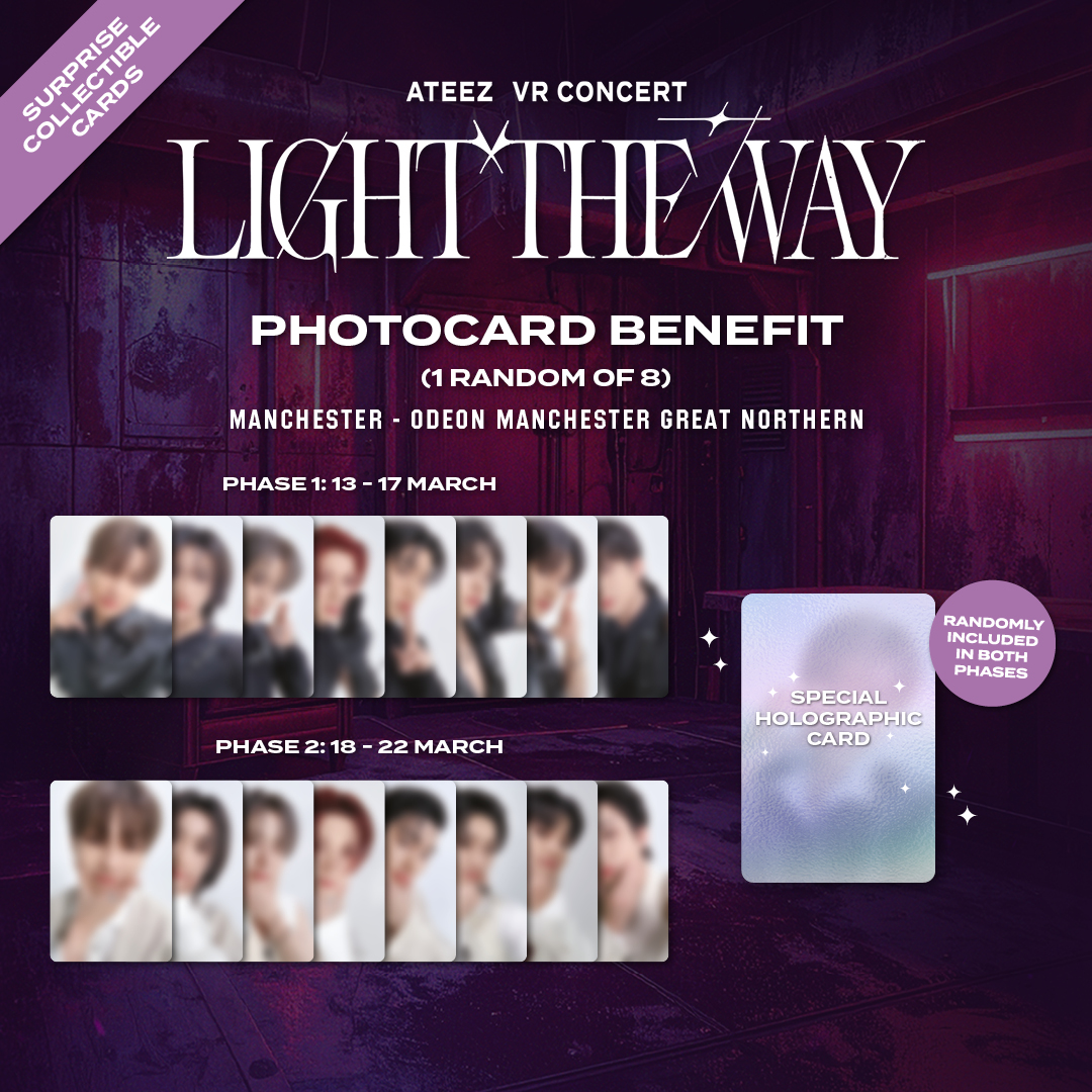 ODEONCinemas's tweet photo. Calling all ATINY collectors. ✨
Each ticket to ATEEZ VR CONCERT : LIGHT THE WAY includes 1 random photocard, with different sets across Phase 1 & Phase 2, with a chance to get a special holographic photocard at random.

🎟️ GET YOUR TICKETS NOW 📲 https://t.co/qXH7IR8Goo
📍 ODEON Tottenham Court Road: 13 – 22 Feb
📍 ODEON Trafford Centre: 27 Feb – 8 Mar
📍 ODEON Manchester Great Northern - 13 - 22 Mar

Step into the Dark City.
Find ATINY.
Take a piece home. 💫

#ATEEZ #LIGHT_THE_WAY #ATEEZVRCONCERT #VRConcert