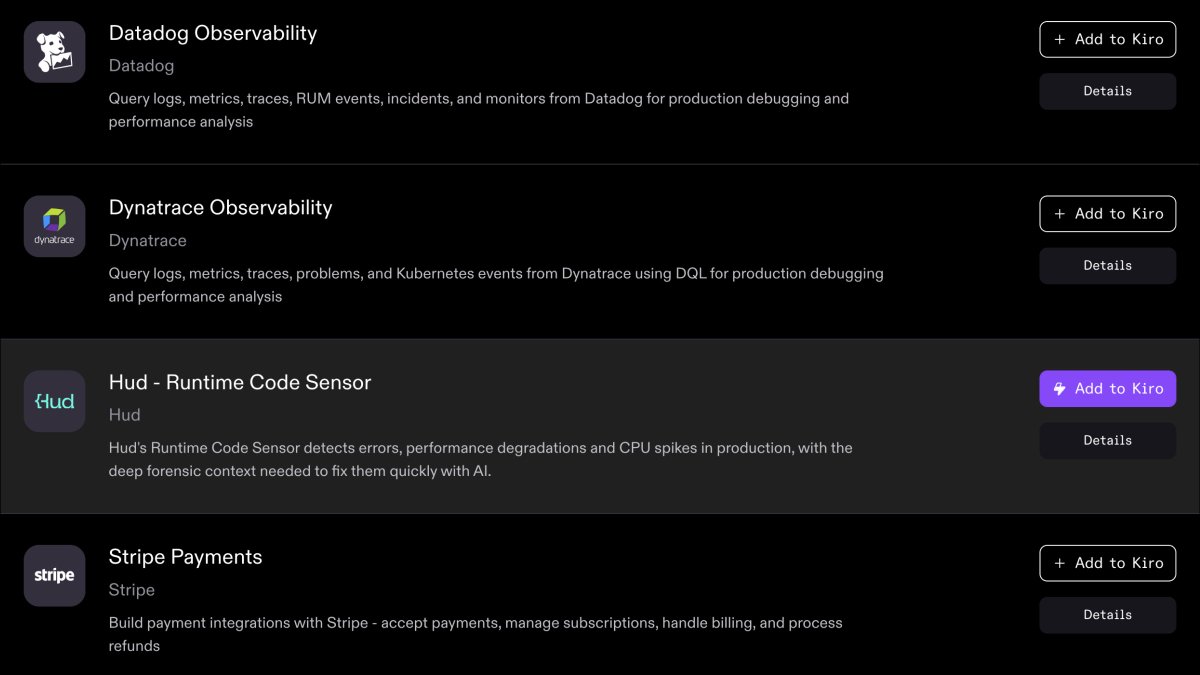 We’ve been working with the <a href="/awscloud/">Amazon Web Services</a> team on integrating <a href="/hud_hq/">Hud</a> into <a href="/kirodotdev/">Kiro</a> : install Hud in 1m, and have errors, performance degradations and CPU spikes detected with the root cause needed to fix them quickly. Give it a try!