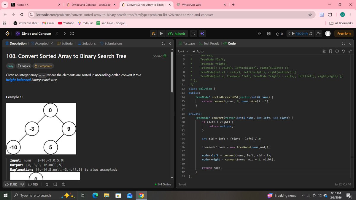 MayankK53059499's tweet photo. #day110 of DSA
Solved problem 108 of leetcode a divide and conquer problem of converting sorted array to BST.
TEST
divide and conquer
Binary search Tree
Github : https://t.co/8Bfcqz0U8n
follow my journey
#100DaysOfCode #BuildInPublic #problemSolving #Consistency #CodingChallenge https://t.co/qdt6KF7Lgd