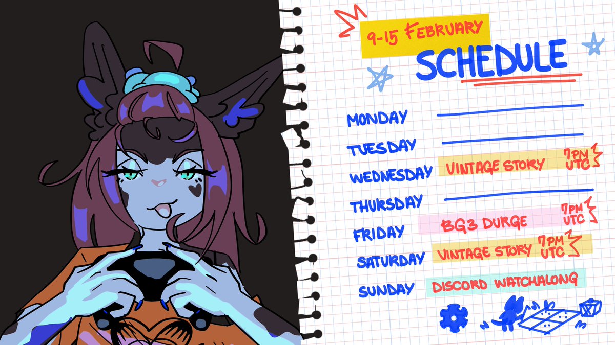 🗓️「05 - 15 February」   

🍄‍ Join me on Wednesday and Saturday for more Vintage Story suffering.

🩸 We may be able to dye the Sword Coast red on Friday with our BG3 Dark Urge run (TBD)

📺 Join the Discord so we can hang out and watch some D&amp;D together (link in carrd)