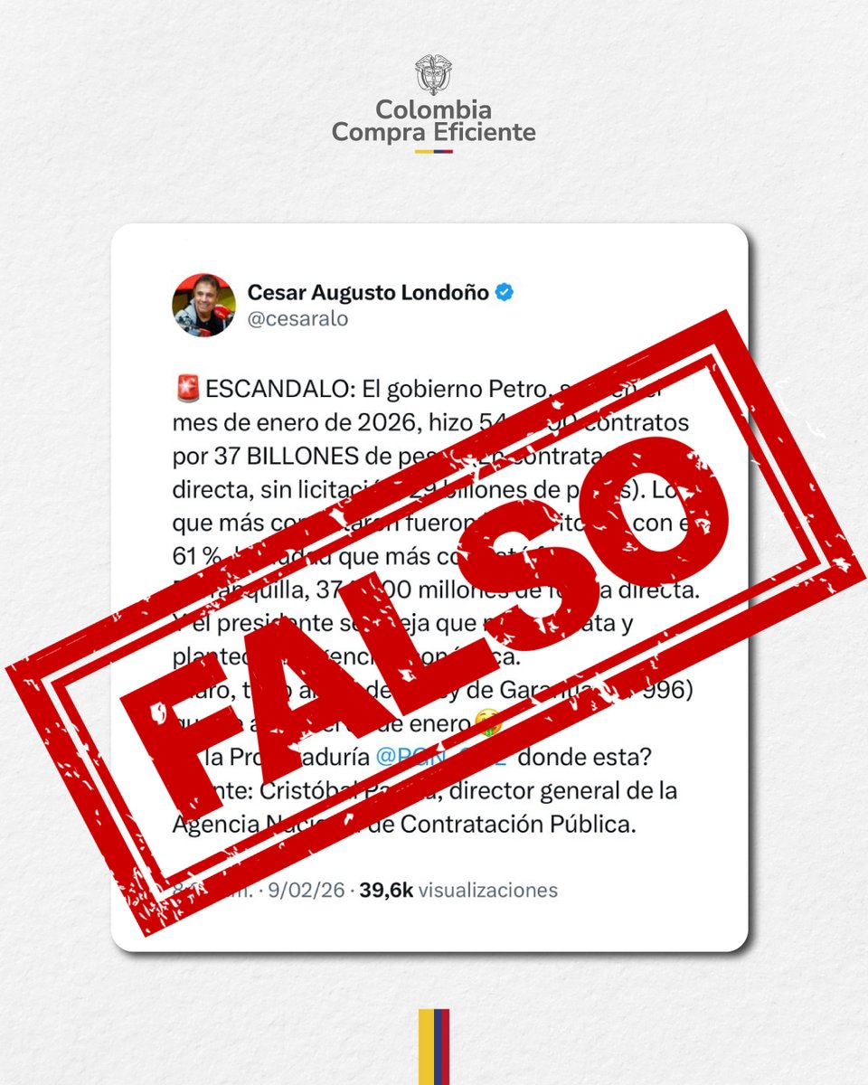colombiacompra's tweet image. Señor Londoño, es falso que el Gobierno @petrogustavo  hiciera 544 mil contratos en enero. Esa cifra corresponde a la totalidad de la contratación por parte de alcaldías, gobernaciones, entidades de las tres ramas del poder público y al Gobierno Nacional.