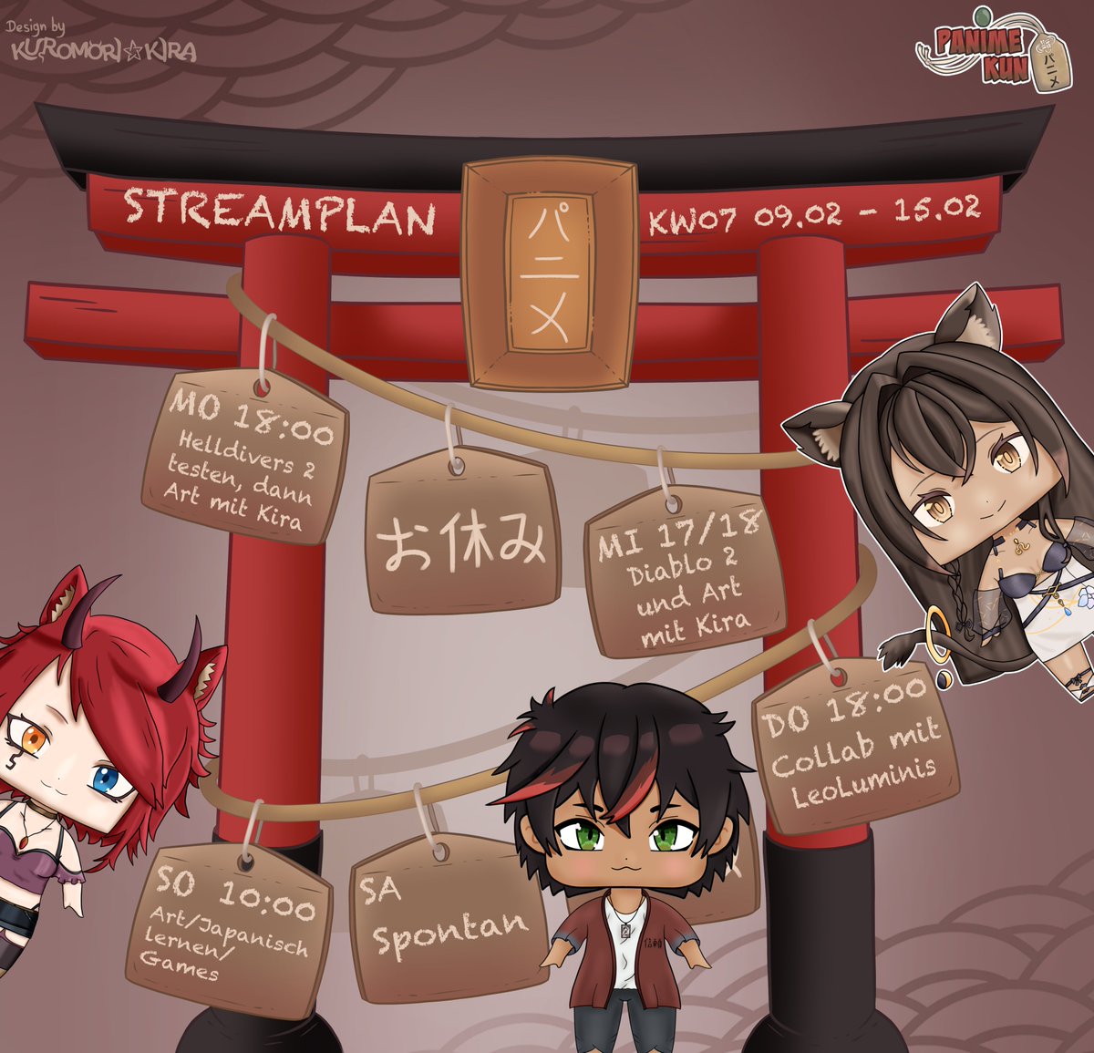 Hier der Streamplan für diese Woche!

Heute wird spontan Helldivers 2 im Stream getestet und dann mit <a href="/kuromorikira/">⛤Kuromori Kira 🐱🔥😈</a> gezeichnet! Auch gibt es am Mittwoch Diablo mit Kira!

Am Donnerstag gibt es dann eine Collab mit <a href="/LeoLuminis/">LeoLuminis ♌️ GerVtuber | Astrallöwin</a> !
#gervtuber #vtuber #collab #twitchde