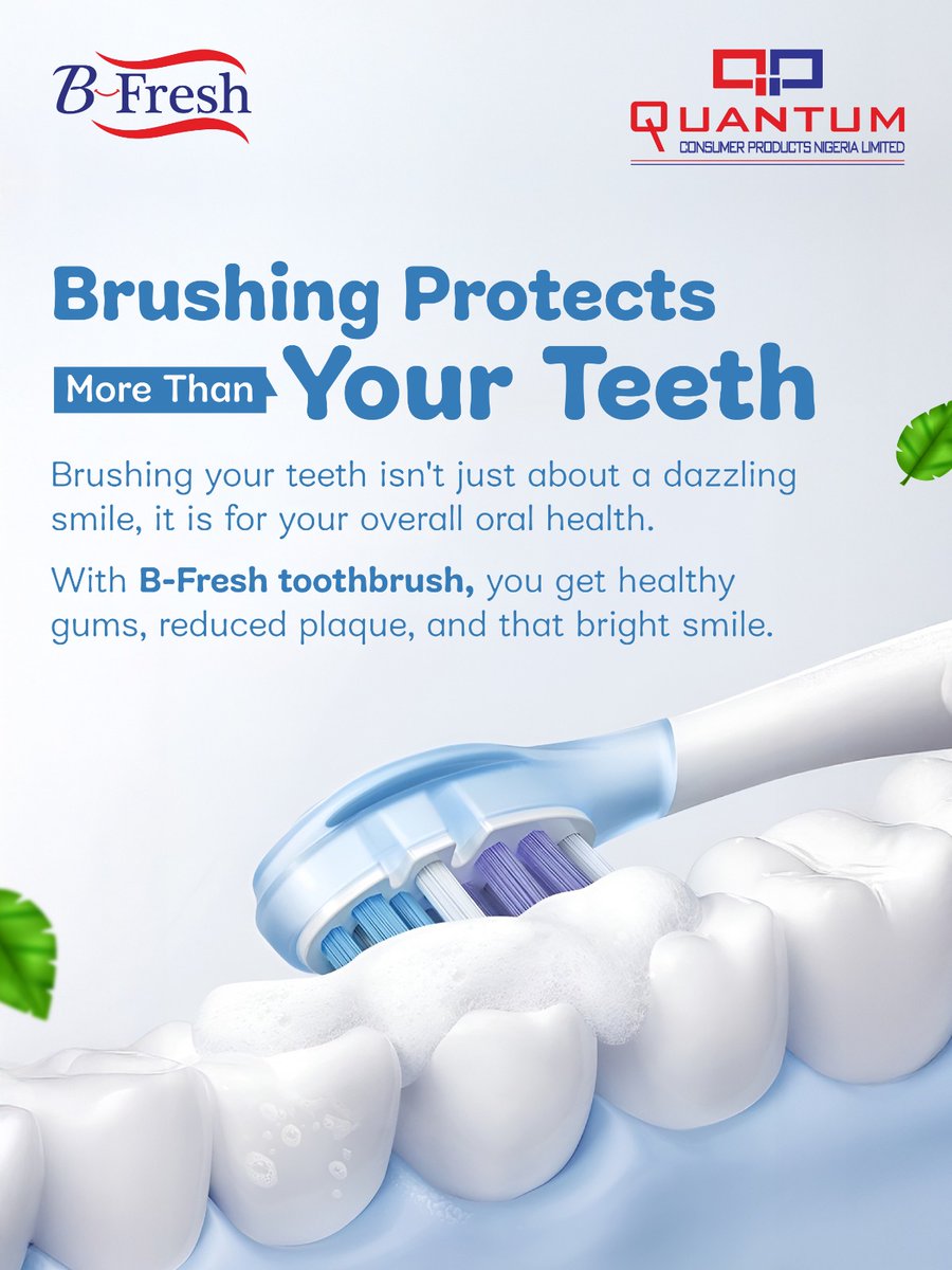 QuantumGroupNig's tweet image. Your oral health and your general health cannot be separated. With brushing your teeth, B-Fresh toothbrush takes care of that so you can go through your day with confidence.

Enquiries: amitl@qpnlnig.com | +234 9121065640
#BFreshToothbrush #OralCare #HealthySmile #QuantumConsumer