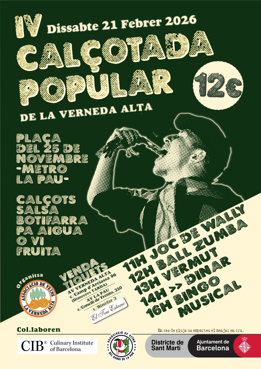 VernedaAVV's tweet photo. Reserveu la data: 21 de febrer 2026
IV Calçotada Popular de La Verneda Alta.
Plaça 25N, sortida metro La Pau (Rbla. Guipuscoa / Ca n'Oliva)
Podeu comprar els tiquets a partir d'aquest dimecres als punts habituals.
Baixa i participa, el barri es viu! https://t.co/BuSbdCnkp8
