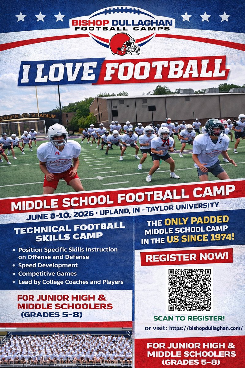 🏈 Middle School Football Families!
Give your athlete a summer that builds skill, confidence &amp; toughness.
Bishop Dullaghan Football Camp
📍 Taylor University
📅 June 8–10, 2026
✔️ Position training
✔️ Speed development
bishopdullaghan.com/middle-school-…
#ILoveFootball