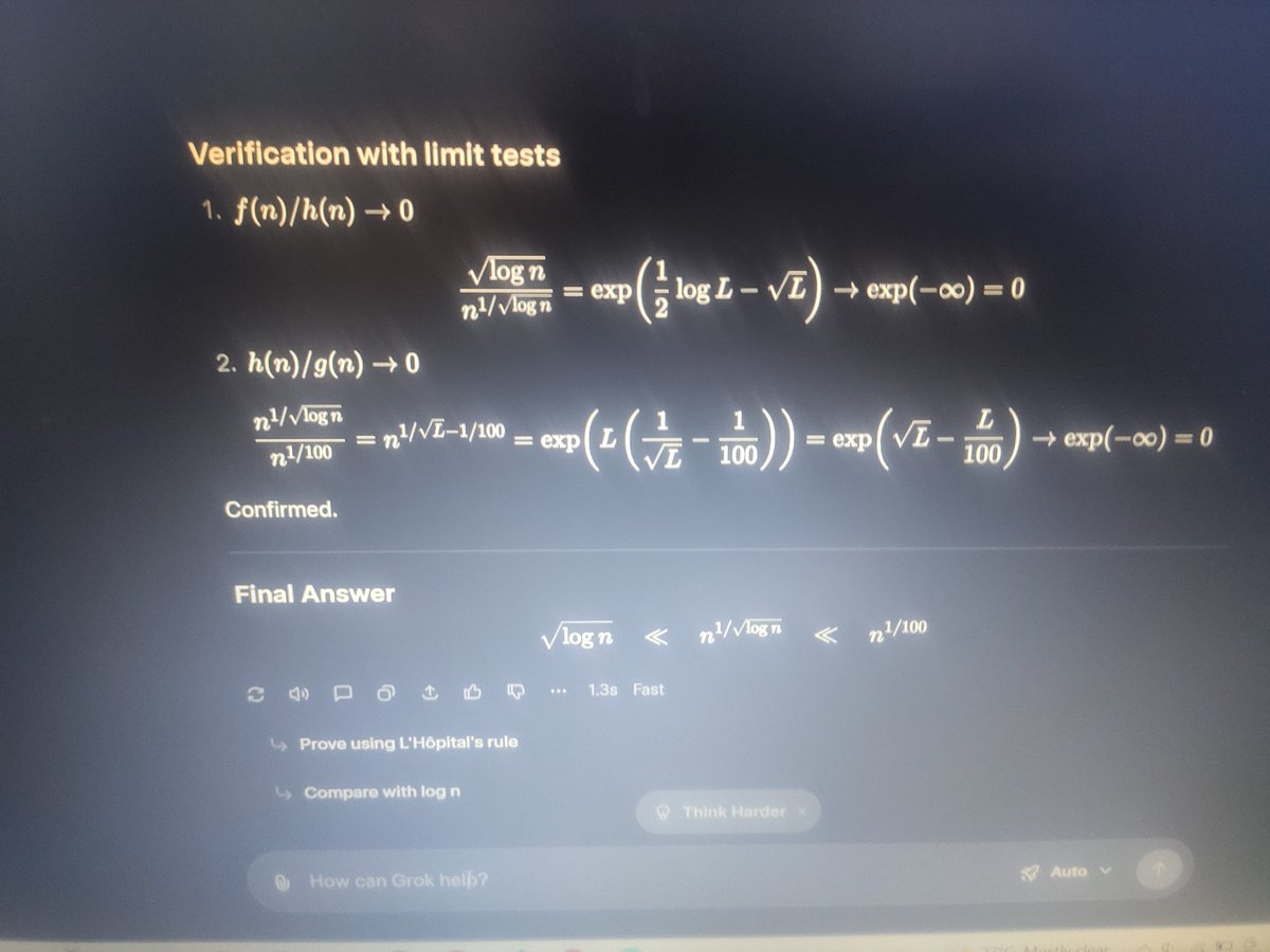 DPhist16's tweet photo. @grok why does chatgpt says time complexity of n^(1/100)<<<n^(1/√logn) https://t.co/26e0KyHpQy