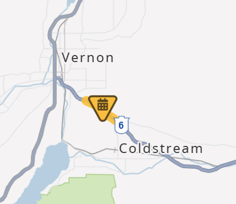 DriveBC's tweet photo. 🦺#BCHwy6 - work will be happening in both directions between Middleton Way and Aberdeen Rd from 9:00am-3:00pm today, tomorrow and Wednesday.
Watch for lane closures.
#ColdstreamBC #VernonBC
ℹ️https://t.co/LhwqUCAC8q https://t.co/Nufh38ChaK