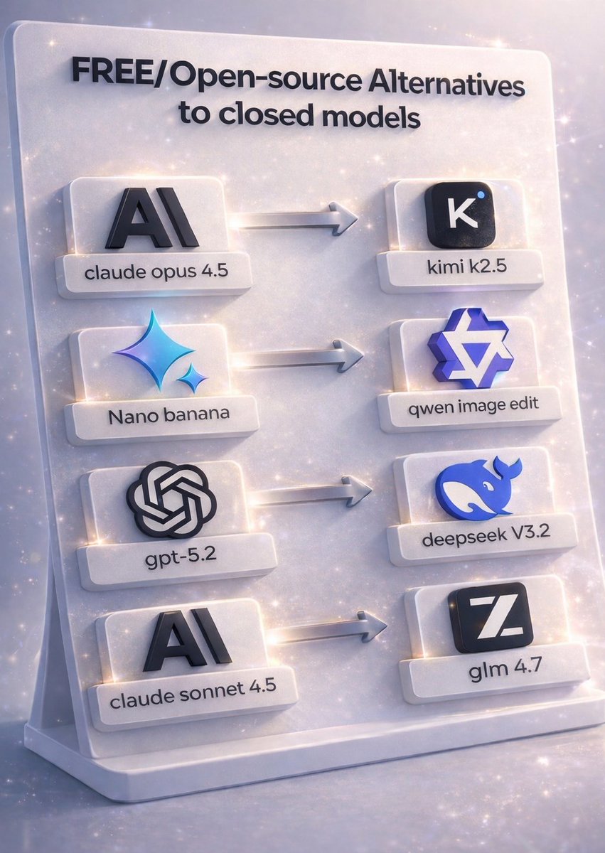 MUsman7808's tweet image. 𝗙𝗥𝗘𝗘 ≠ 𝗪𝗘𝗔𝗞 anymore.

You don’t need expensive closed AI models to compete.

Here are 4 free/open-source swaps that punch way above their price 👇

1️⃣ Claude Opus → Kimi K2.5
Open-weight multimodal powerhouse
Vision, coding, agent workflows
Premium feel — no premium