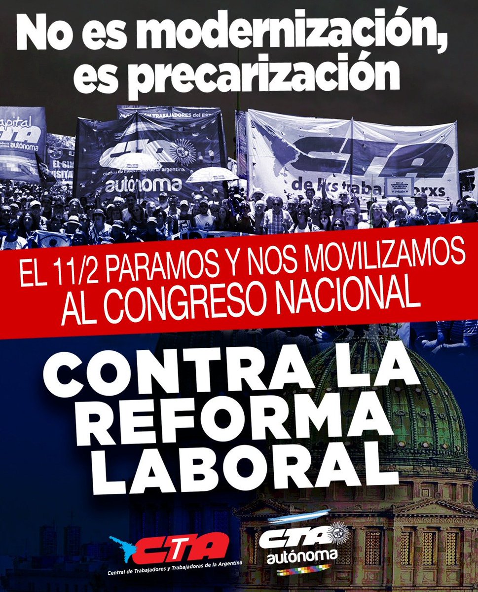 adolfoacta's tweet photo. El 11/2 paramos y nos movilizamos al Congreso contra la reforma laboral: no es modernización, es precarización. En la calle el #PoderSindical para detener los ataques a nuestros derechos. https://t.co/oNoQUrbRfZ