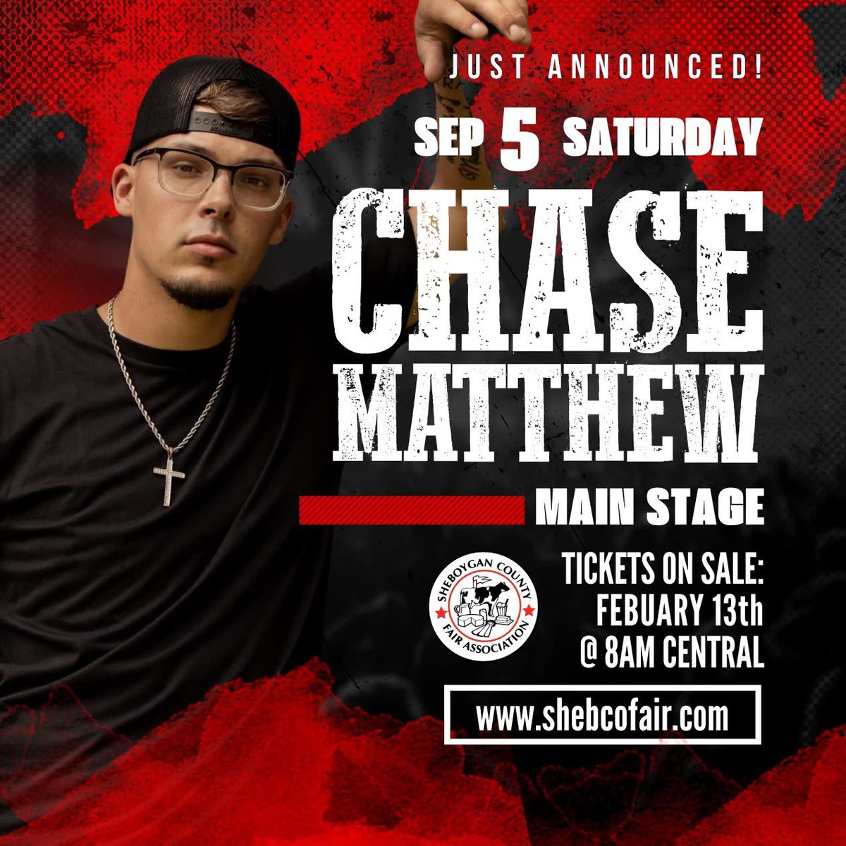 🎤 MAIN STAGE ANNOUNCEMENT 🎤
Chase Matthew is coming to the Sheboygan County Fair!

🎟️ Tickets go on sale Friday, February 13 at 8 AM

More details coming soon!
#ShebCoFair2026 #livemusic