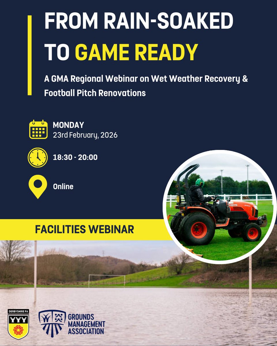 Struggling with waterlogged pitches? 🌧️➡️✅

This free regional webinar will help you keep your grass pitches match-ready, and recover from the winter.

📅 Online webinar
🤝 Hosted by the GMA &amp; County FA Midlands Network
👉 Register now: forms.office.com/pages/response…
