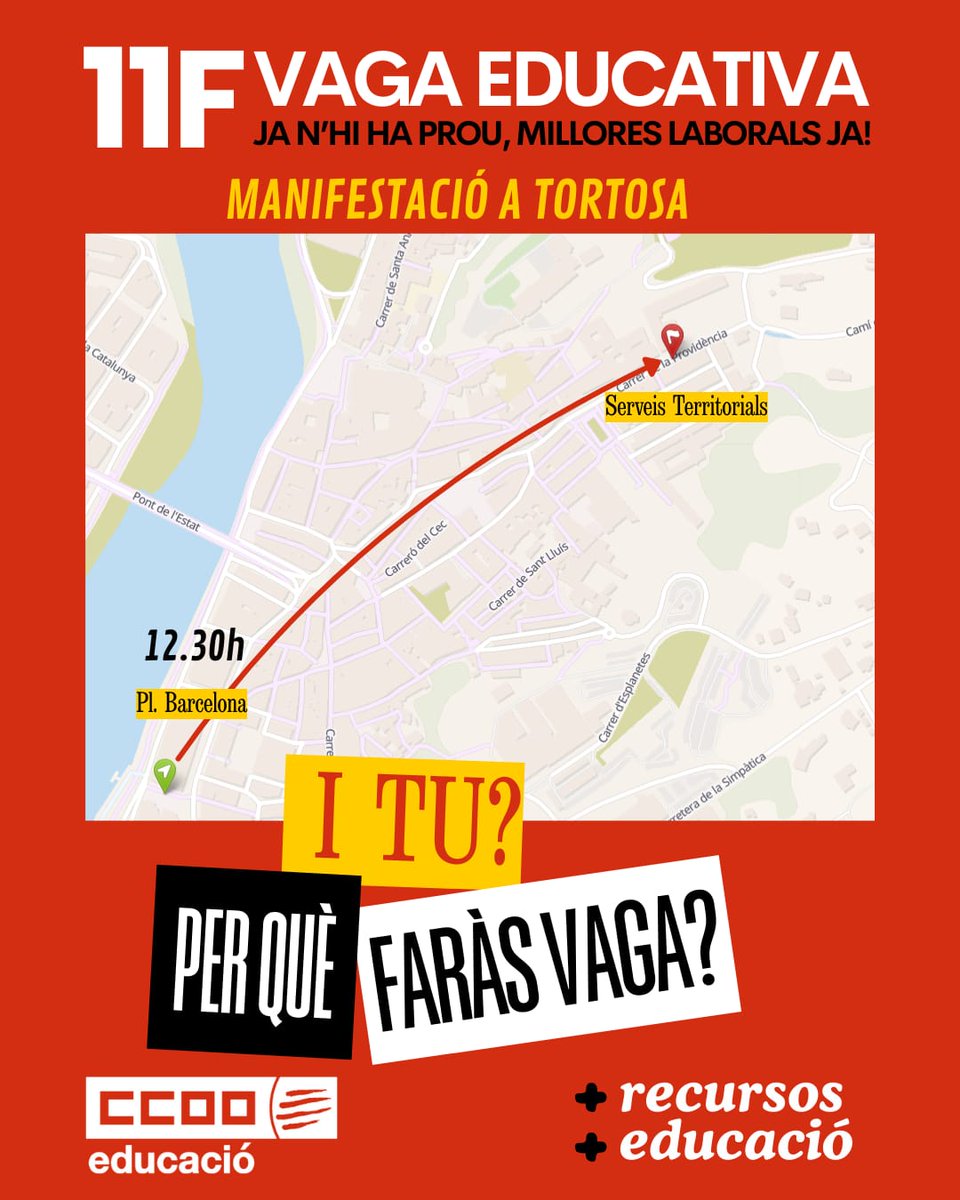 ✊11F: vaga educativa!
📢La realitat als centres educatius és asfixiant!
❗️Sense recursos per atendre la divesitat, amb sobreràtios, excés de burocràcia, sous a la cua de l’estat…
Ens veiem a #Tarragona i #Tortosa

ℹ️ccoo.cat/tarragona/noti…

<a href="/CCOOeducacio/">CCOO Educació</a> <a href="/ccoocatalunya/">CCOO de Catalunya</a>