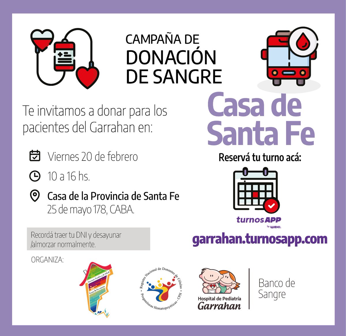 🩸El Banco de Sangre del Hospital Garrahan y la Red de Servicios Sociales y de Salud de las Casas de Provincias organizan una colecta de sangre el viernes 20 de febrero en la Casa de Santa Fe (25 de Mayo 178, CABA) 🩸

➡️Reservá tu turno en tinyurl.com/colectasgarrah… 
Te esperamos!