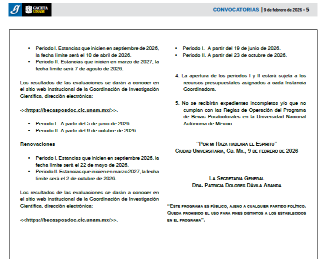 Hoy se publicó la convocatoria de becas posdoctorales 2026 en la <a href="/UNAM_MX/">UNAM</a> para estancias que inicien en septiembre de 26 o marzo de 27.

Convocatoria, reglas de operación y documentación aquí👉dgapa.unam.mx/index.php/form…