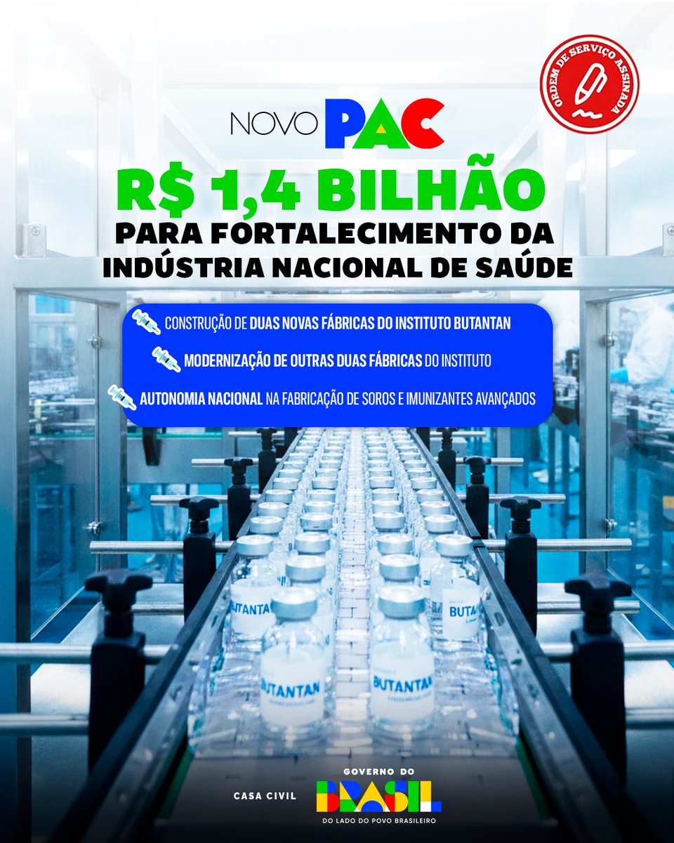 Brasil investindo em saúde, ciência e soberania 🇧🇷🧬

O <a href="/govbr/">Governo do Brasil</a> assinou ordens de serviço para a construção de duas novas fábricas do Instituto Butantan e para a modernização de outras duas, fortalecendo a produção nacional.

#NovoPAC #GovernoDoBrasil