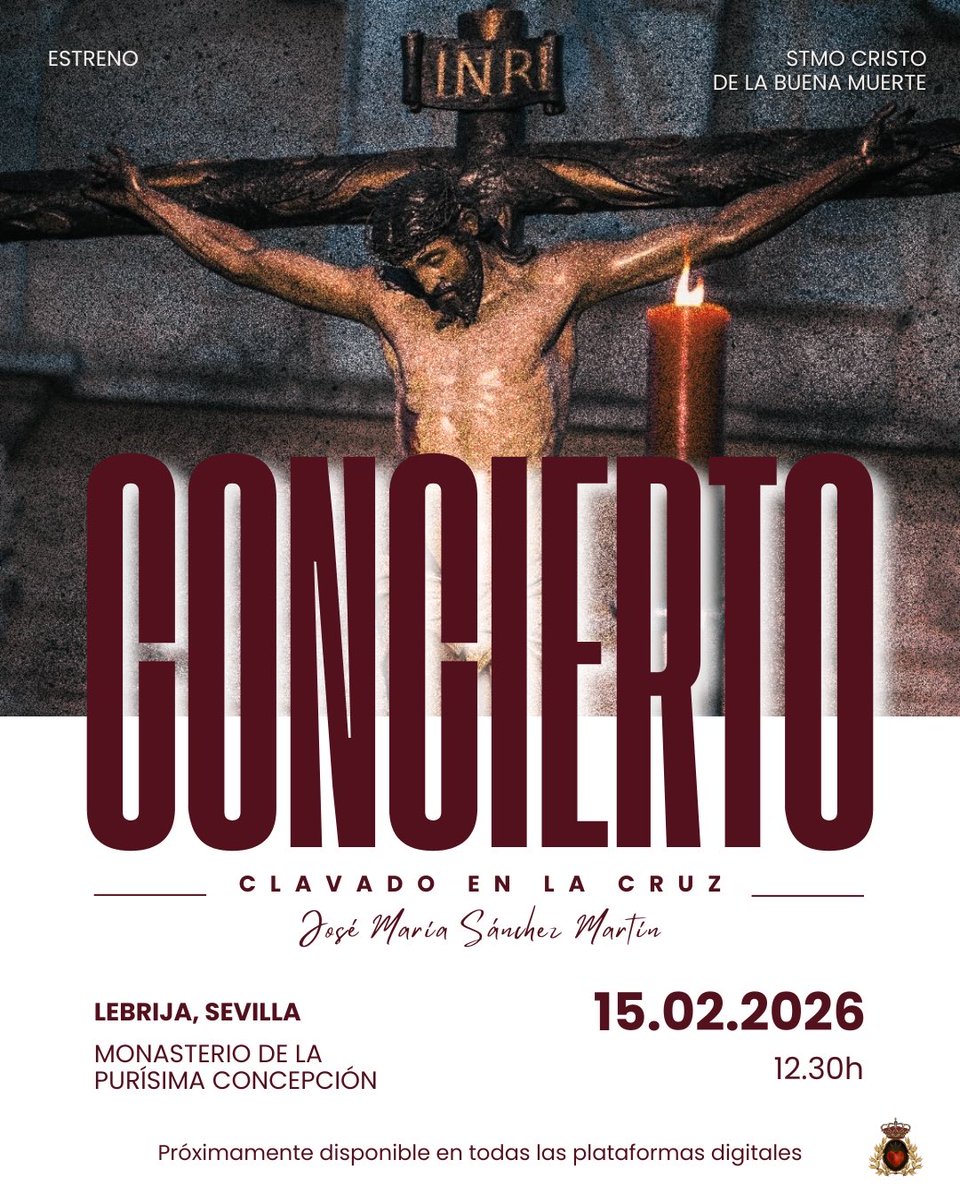 🎺Comenzamos una nueva semana de ensayos. 

Semana que nos llevará hasta el estreno de 𝗖𝗹𝗮𝘃𝗮𝗱𝗼 𝗲𝗻 𝗹𝗮 𝗖𝗿𝘂𝘇.

Os recordamos que será el próximo domingo, 15 de febrero a las 12:30h en el 𝗠𝗼𝗻𝗮𝘀𝘁𝗲𝗿𝗶𝗼 𝗱𝗲 𝗹𝗮 𝗣𝘂𝗿í𝘀𝗶𝗺𝗮 𝗖𝗼𝗻𝗰𝗲𝗽𝗰𝗶𝗼́𝗻.