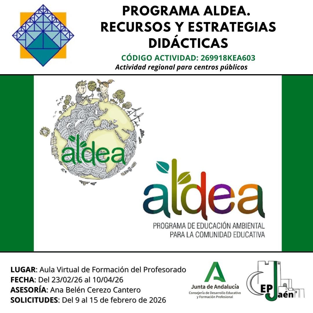 Convocado un curso regional a distancia PROGRAMA ALDEA. RECURSOS Y ESTRATEGIAS DIDÁCTICAS con cód.  269918KEA603. Fecha actividad: 23/02/2026 hasta 10/04/2026. La inscripción podrá realizarse en el siguiente enlace: secretariavirtual.juntadeandalucia.es/secretariavirt…