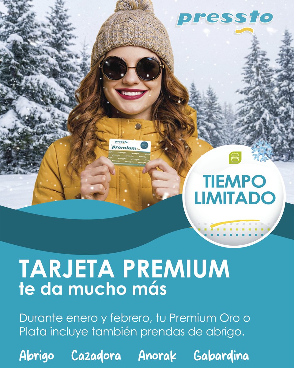 🧥 Con la Tarjeta Premium Pressto, este invierno también puedes limpiar tus abrigos y prendas de abrigo.
Más prendas incluidas, el mismo cuidado profesional.

Aprovecha la promoción de invierno antes del 28/02.
💙 Pressto

#tintoreria #ropalimpia