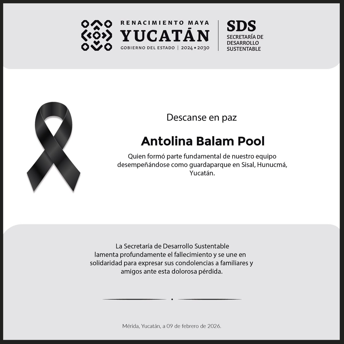 SDSYucatan's tweet photo. 🕊️ La SDS lamenta profundamente el fallecimiento de Antolina Balam Pool, quien se desempeñaba como guardaparque en Sisal, municipio de Hunucmá. 
Expresamos nuestras más sinceras condolencias a su familia, amistades y compañeras y compañeros de trabajo. Descanse en paz. https://t.co/gKOcQ0SI1Z