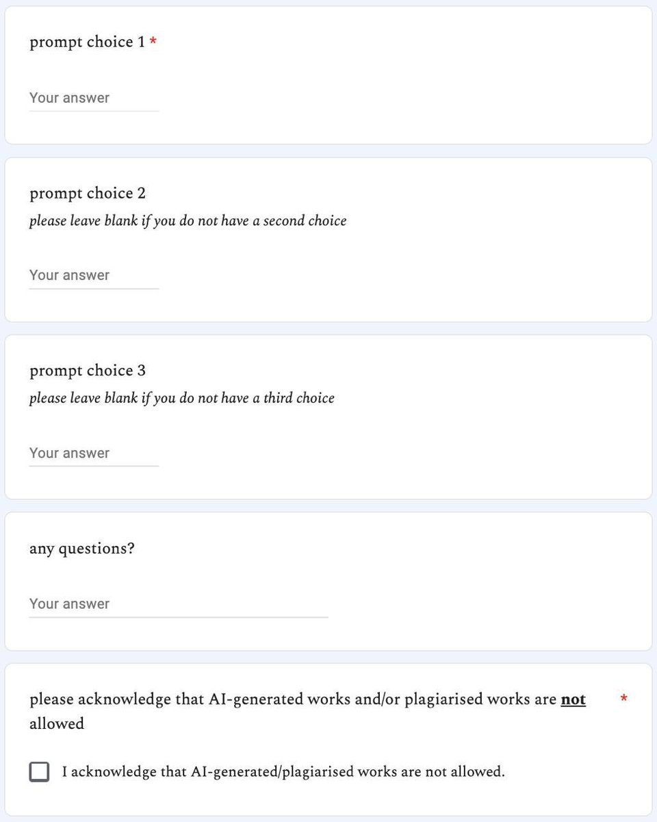 only 5 days left till claiming opens! 🤩

📋for those who are interested in claiming a prompt, here's a preview of the claiming form, kindly read through the guidelines before you claim a prompt ~

we're so excited, see you guys on 14th feb at 12am kst! 💗