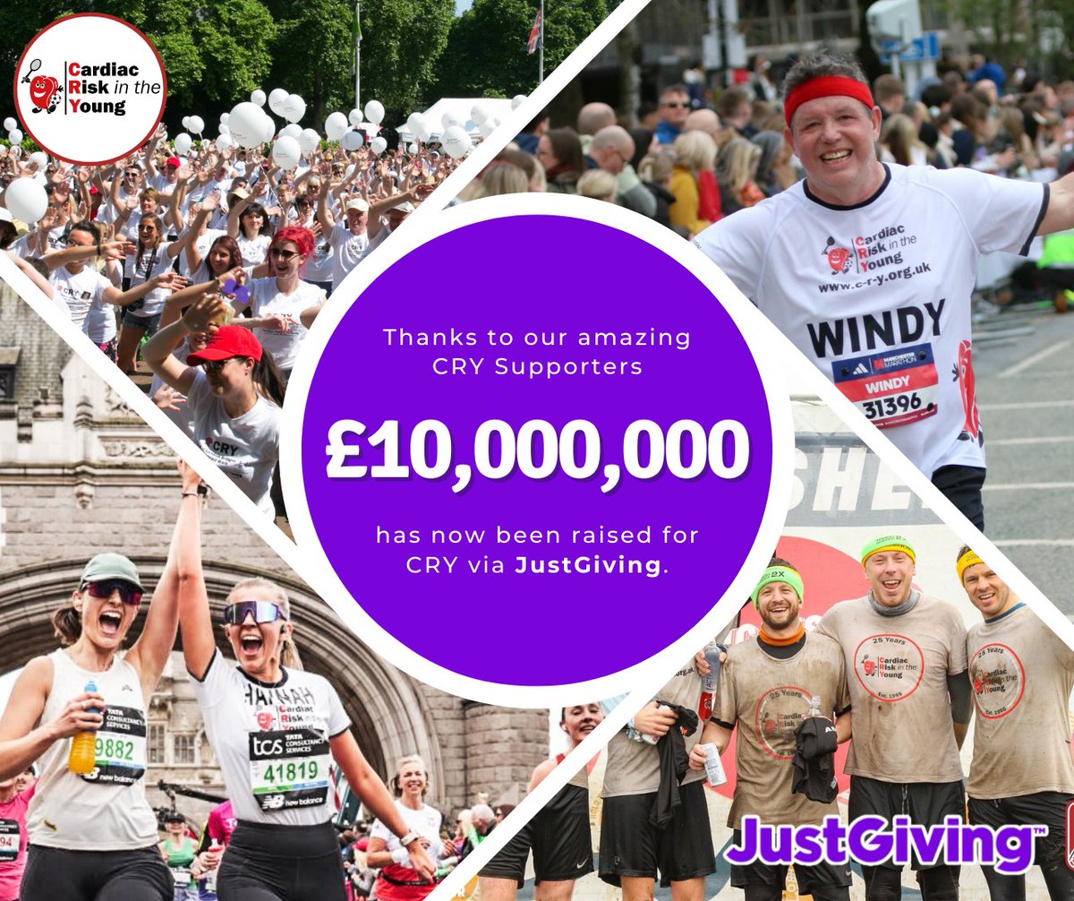 CRY_UK's tweet photo. £10 million raised for CRY via JustGiving! 🎉
Together, our incredible fundraisers have helped reach this milestone for CRY. Thank you to everyone who created a page, took on a challenge, and donated in support of CRY. These funds enable us to save young lives through vital research, screening, awareness, and support for affected families.