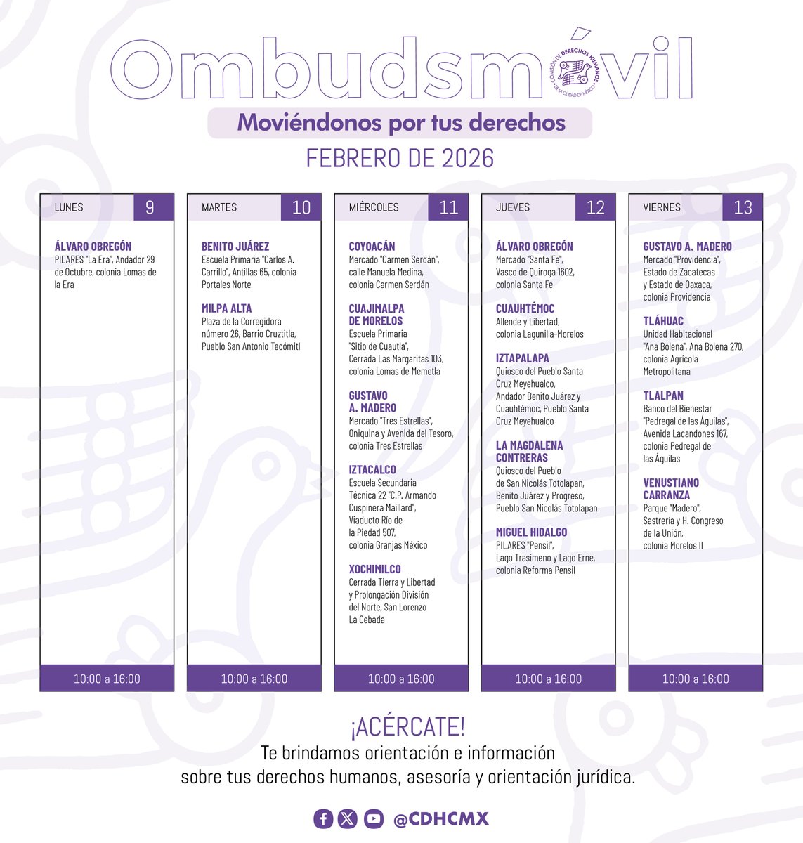 La #CDHCM fortalece sus acciones en territorio a través de las unidades #Ombudsmóvil🚐, las cuales recorren las Alcaldías de la #CDMX.

¡Acercamos nuestros servicios hasta tu colonia!

Conoce su ubicación y horarios:
cdhcm.org.mx/delegaciones-d…