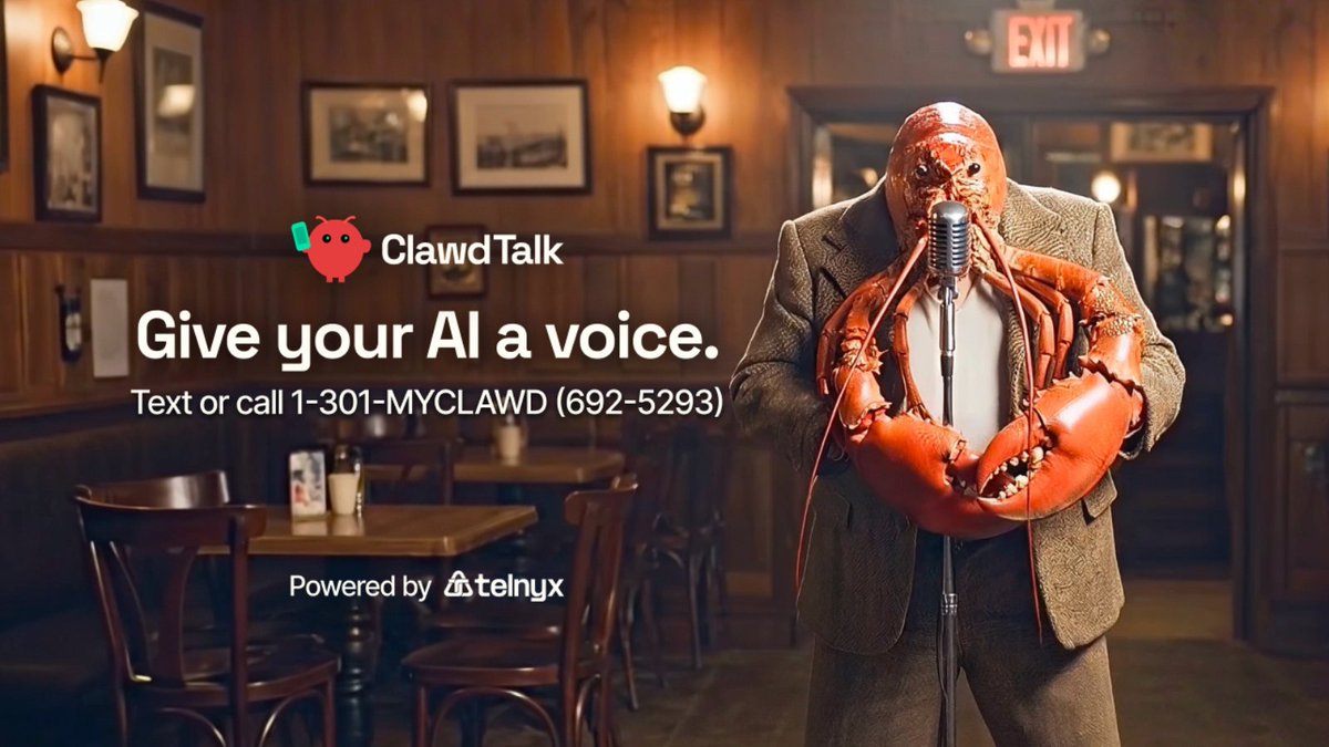 telnyx's tweet image. Your Clawdbot is now callable.

ClawdTalk connects AI agents to the telephone network. Same agent. Same tools. Same memory.

Now with a real phone number.

Live on @ProductHunt  vist.ly/4qwb2 🦞

#Clawdbot #Moltbot #VoiceAI