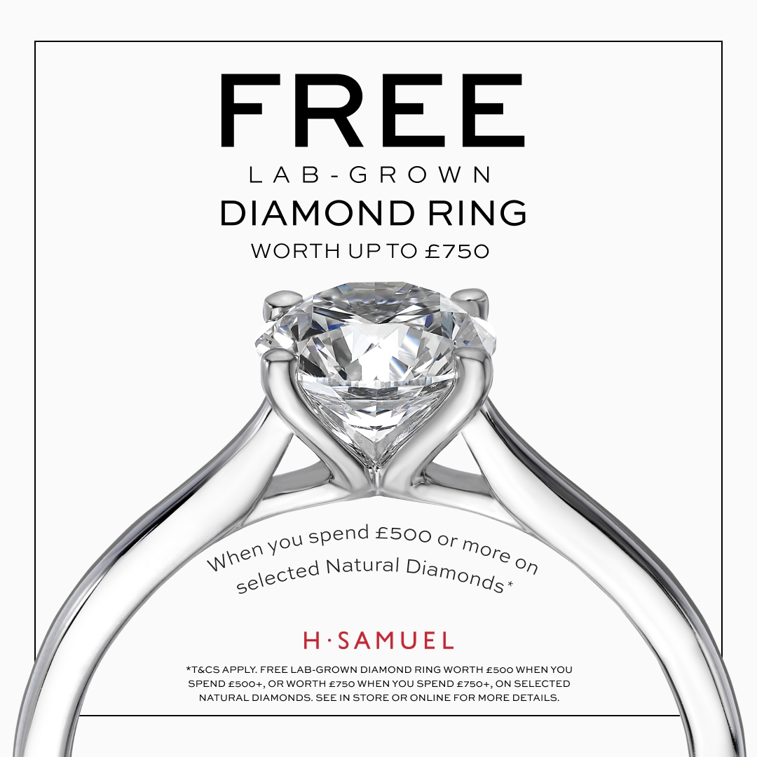 TelfordCentre's tweet image. Right now at H.Samuel, spend £500 or more on selected diamonds and receive a free half carat lab-grown diamond ring worth £500.

#H.Samuel #DiamondRings #LoveTelford #TelfordCentre