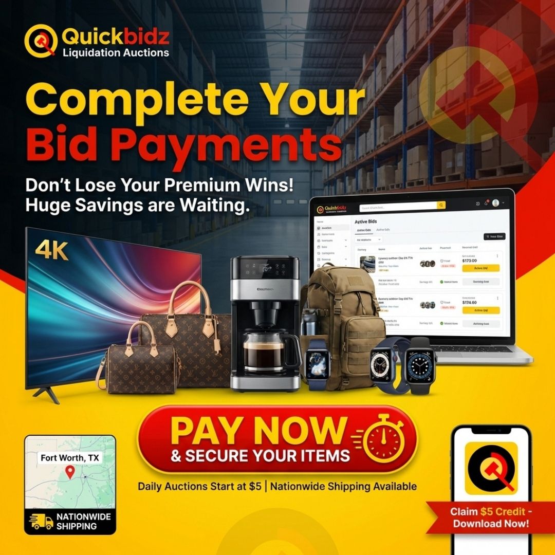 quicklotz's tweet image. ⏰ Remember, payments for Quick Lots auctions are due within 24 hours to keep your account in tip-top shape—don’t miss out on your winning deal! 🚀 #QuickLots #AuctionTime #PayOnTime #ShopSmart #BidWinRepeat #FortWorth #LiquidationDeals #AuctionLife
