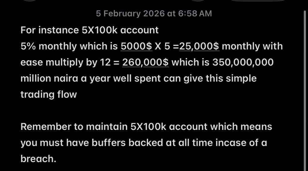QueenTea__'s tweet photo. How to become a millionaire using prop firms (and scale to billionaire level).

If you lack skill, a working system, solid psychology, and discipline this is not for you.
Locking in without fixing yourself first is a fast track to frustration. 💯

The math is simple:
• 5% monthly on $500,000 funding = $25,000/month
• Trade 10 months a year (take 2 months off) = $250,000/year

Convert wisely and you’re entering the millionaire class in naira.
Repeat this process consistently for 5 years and you’re officially a naira billionaire and a dollar millionaire.

Key rule: Avoid prop firms that deny payouts they drain momentum and kill focus.

This isn’t hype.
It’s structure. Discipline. Patience. Execution.

Question: Are you truly ready to lock in 🔐 this year or just motivated for a moment?

Is this attainable for you  ? Let me know in the comments section 
Good luck 🍀