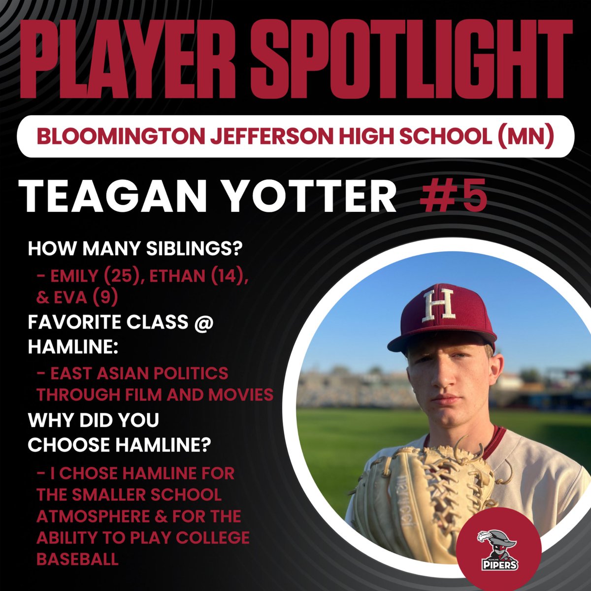 PiperBaseball's tweet photo. 5️⃣ DAYS Until Game Day
Get to know 2028 Grad, Teagan Yotter! (#5)
📍Bloomington, MN
#GoPipers #CountdownToGameDay https://t.co/kPBMLFtK0q