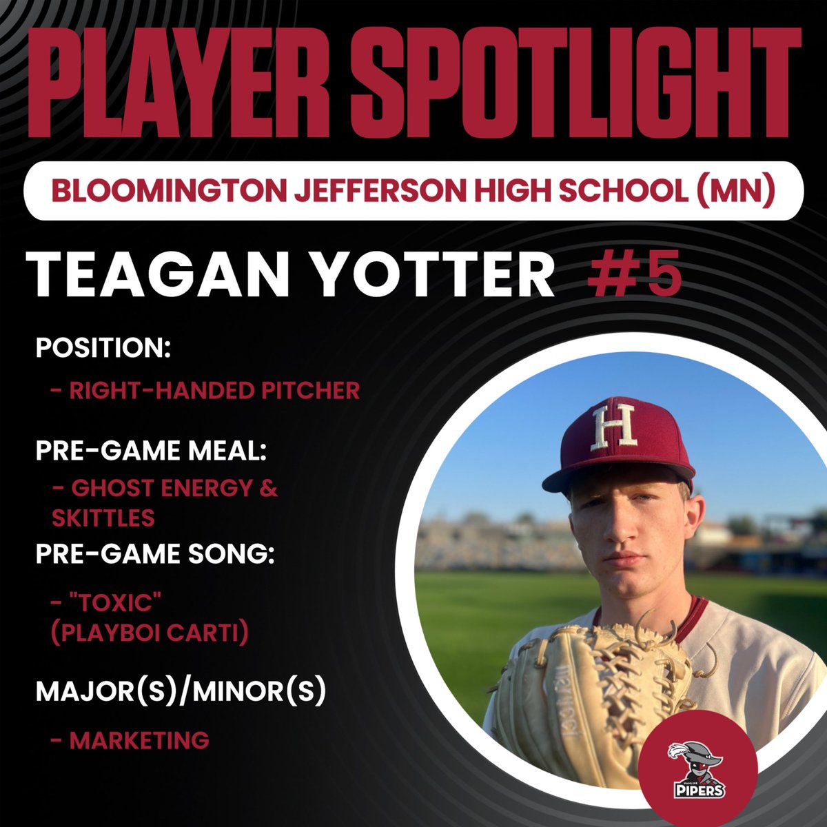PiperBaseball's tweet photo. 5️⃣ DAYS Until Game Day
Get to know 2028 Grad, Teagan Yotter! (#5)
📍Bloomington, MN
#GoPipers #CountdownToGameDay https://t.co/kPBMLFtK0q
