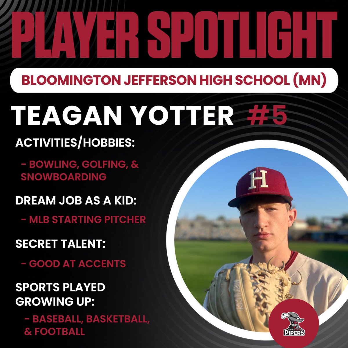 PiperBaseball's tweet photo. 5️⃣ DAYS Until Game Day
Get to know 2028 Grad, Teagan Yotter! (#5)
📍Bloomington, MN
#GoPipers #CountdownToGameDay https://t.co/kPBMLFtK0q